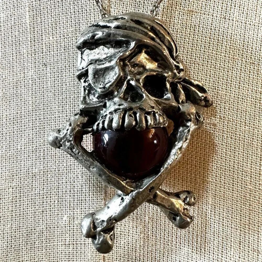 Skull and Crossbones red ball pewter pendant necklace